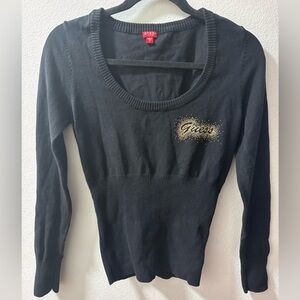 Guess Black Scoop Neck Sweater with Gold Logo Detail- Y2K size M